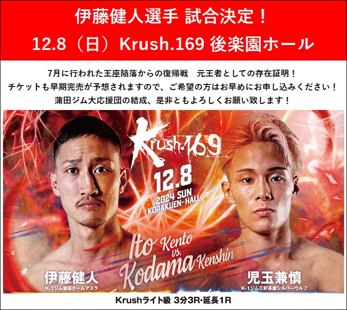 伊藤健人 試合決定！】 【Krush.169】12.8(日)後楽園ホール｜K-1ジム蒲田